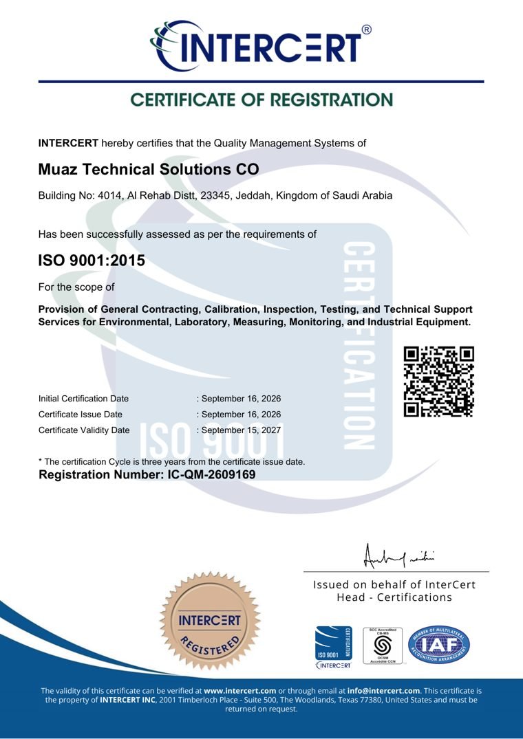 ISO 9001:2015 Certificate of Registration for Muaz Technical Solutions CO